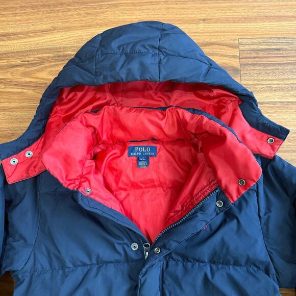 Polo Ralph Lauren Navy Blue/Red Kids Puffer Hooded Jacket - SZ M 10/12 - Picture 5 of 9